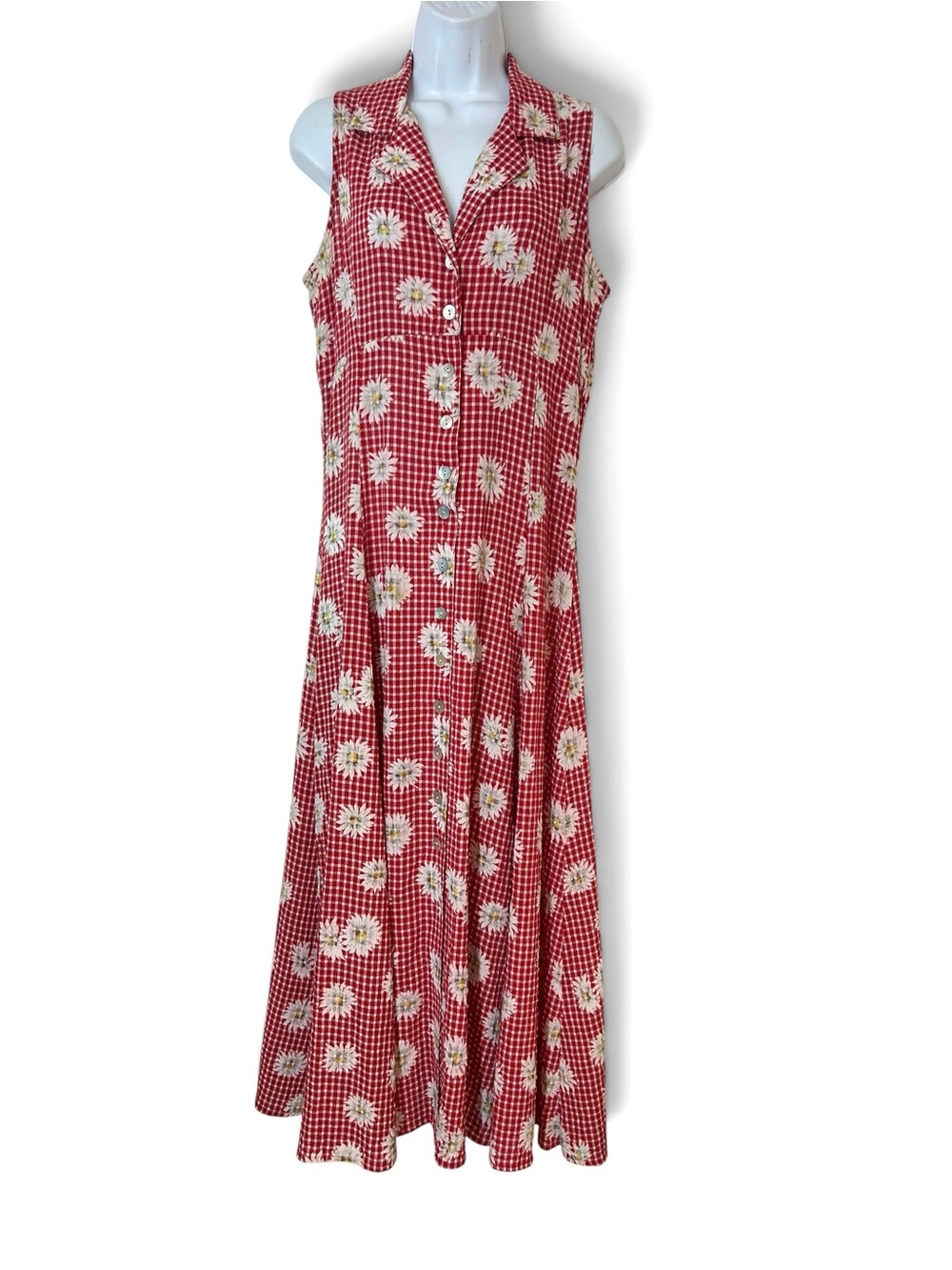 90s Vintage Grunge Cottagecore Sleeveless Red Gingham Daisy Maxi Dress Size M
